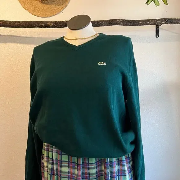Lacoste Green Unisex V Neck 100% Cotton Pullover Sweater Size XL